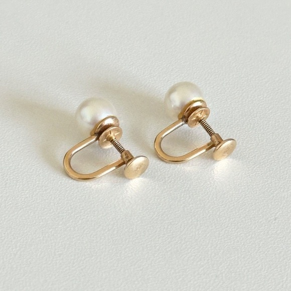 14K Solid Yellow Gold Genuine 7.5MM Pearl Vintage Screw Back Ladies Earrings - Picture 4 of 9